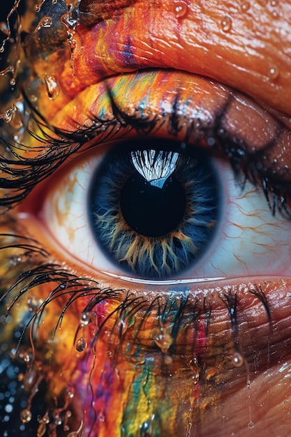 Jest zbliżenie oka osoby z kolorowym wzorem generatywnej sztucznej inteligencji