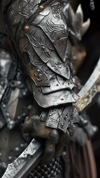 Zdjęcie jest zbliżenie posągu rycerza trzymającego miecz generatywny ai