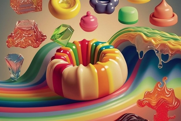 Jest zdjęcie ciasta z wieloma różnymi kolorowymi cukierkami generatywnymi ai