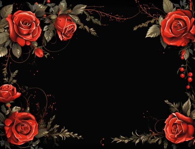 Jest zdjęcie czerwonej róży z liśćmi i jagodami.