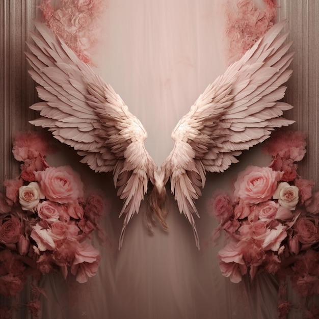 Jest zdjęcie dużego białego anioła z skrzydłami i różowymi kwiatami.