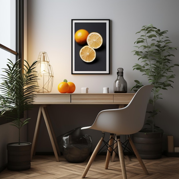 jest zdjęcie stołu z krzesłem i zdjęcie pomarańczy generatywnych