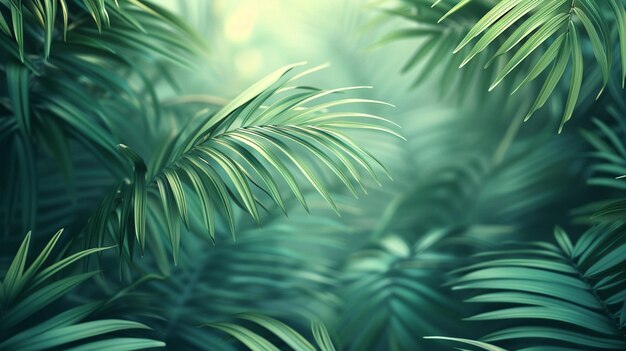 Jest zdjęcie zielonej dżungli z liśćmi palmowymi.