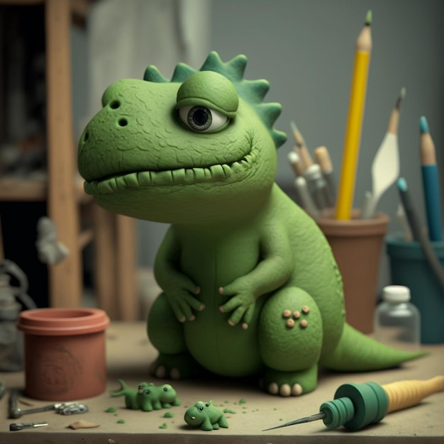 Jest zielony dinozaur z zabawką siedzący na stole z pędzlem generatywnym ai