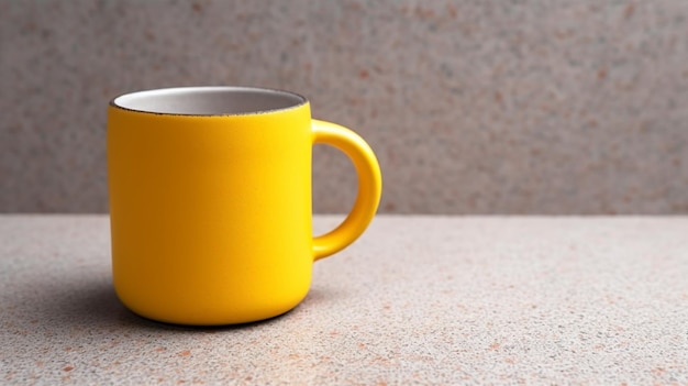 Zdjęcie jest żółty kubek kawy siedzący na blacie generatywny ai