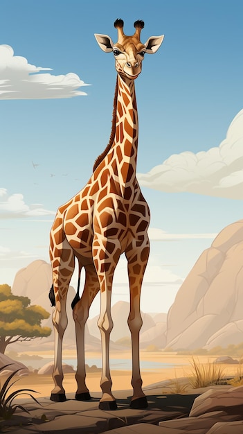 Zdjęcie jest żyrafa stojąca na pustyni z niebieskim tłem generatywnym ai