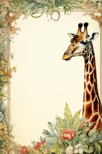 jest żyrafa stojąca w kwiatowym ramie z generatywnym granicą ai