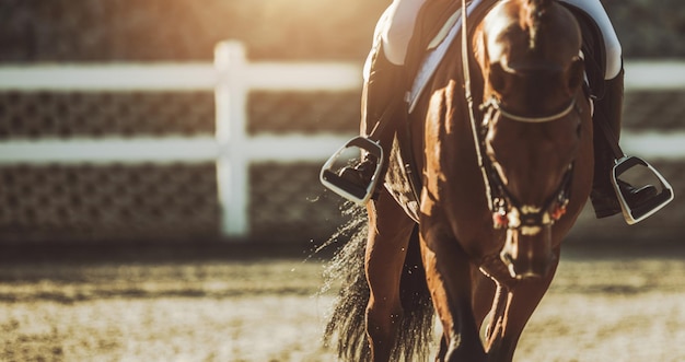 Jeździec na koniu w ośrodku jeździeckim z bliska transparent ze światłem słonecznym w tle