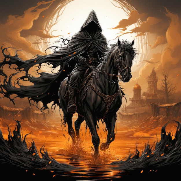 Zdjęcie jeździec na koniu żniwiarz śmierć ilustracja halloween straszny horror projekt tatuaż wektor fantazja