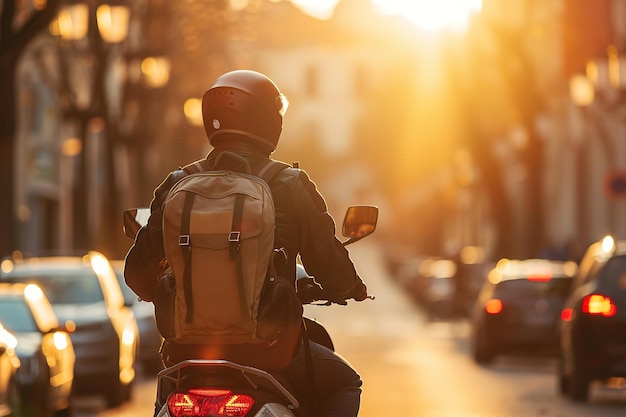 Zdjęcie jeździec na skuterze podróżuje po ulicach miasta o zachodzie słońca