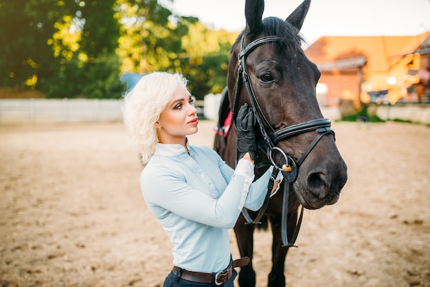 Jeździec przytula konia, przyjaźń, jazda konna. Sport jeździecki, młoda kobieta i piękny ogier, zwierzę hodowlane