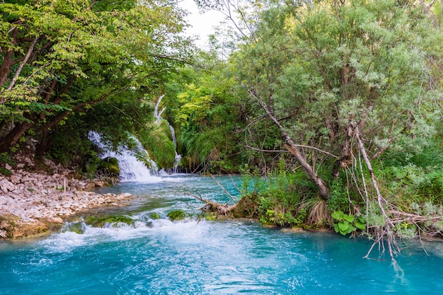 Jeziora Plitwickie w Chorwacji piękny letni krajobraz z wodospadami