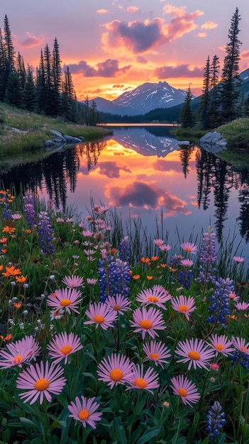 Zdjęcie jezioro górskie o świcie odzwierciedlające różowe i pomarańczowe niebo i otoczone dzikimi kwiatami i sosnami