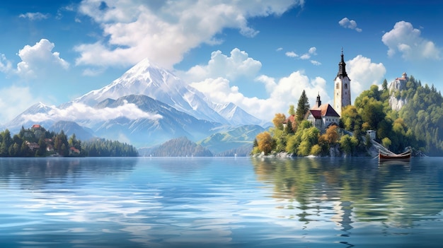 Jezioro krwawiło Słowenia malownicza wyspa średniowieczny kościół stworzony za pomocą generatywnej technologii AI