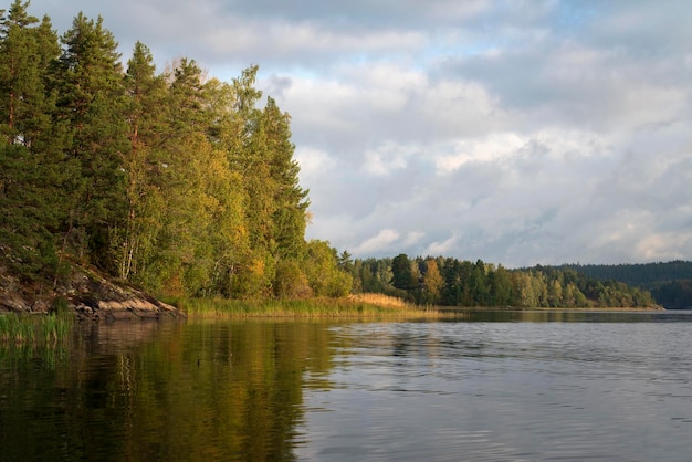 Jezioro Ładoga w pobliżu wsi Lumivaara w jesienny dzień szkiery Ładoga Lakhdenpokhya Karelia Rosja