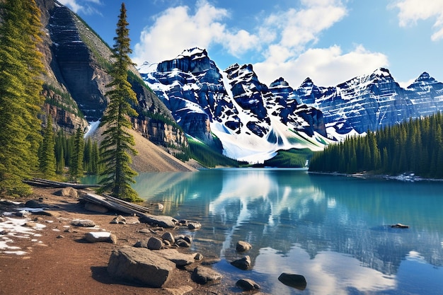 Jezioro lodowcowe otoczone wysokimi szczytami