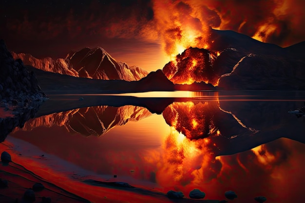 Jezioro ognia z ognistym odbiciem w wodach