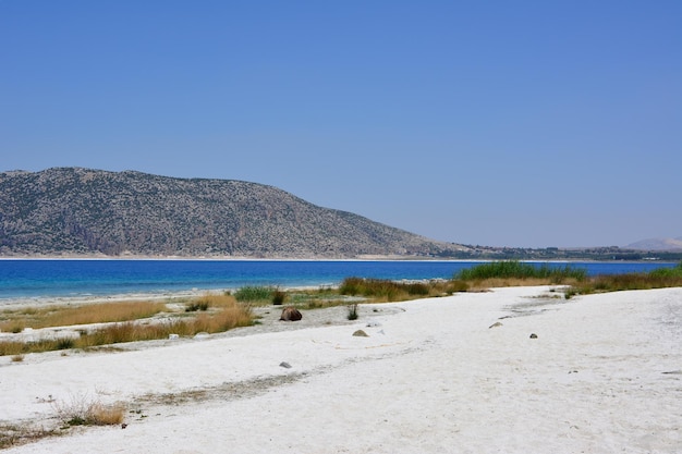 jezioro salda z błękitną wodą i białym piaskiem i trawą na tle wzgórza i błękitnego nieba, Turcja