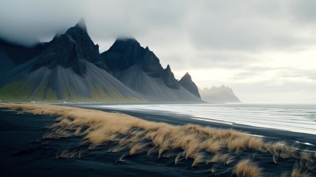 Zdjęcie jezioro w górach panoramiczny poranny widok czarnych wydm piaskowych z trawą na szczycie