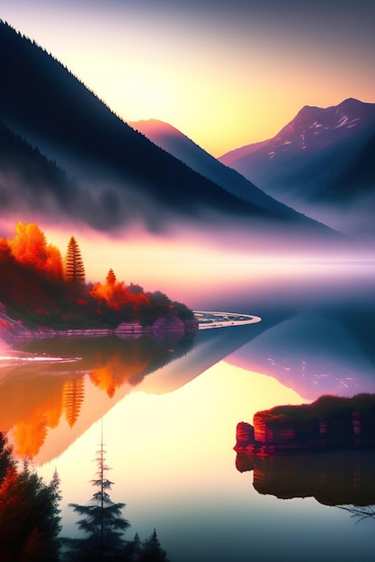 Jezioro w górach Piękny mglisty krajobraz Zachód słońca nad jeziorem Artykuł cyfrowy