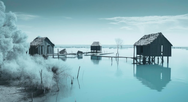 Jezioro z domem pośrodku i niebieskim niebem ze śniegiem na ziemi.