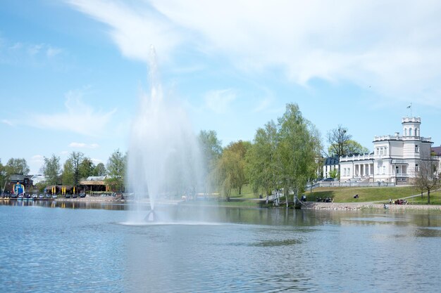 Jezioro z fontanną w miejskim parku.