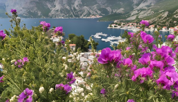 jezioro z górą na tle i fioletowym kwiatem na pierwszym planie
