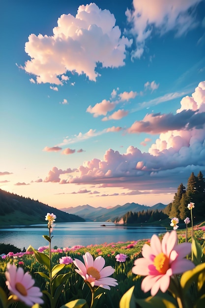 Jezioro z kwiatami i góra w tle