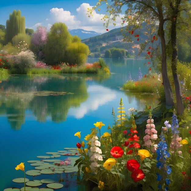 Zdjęcie jezioro z kwiatami jest pięknym widokiem kolory kwiatów odbijają się w wodzie i lig