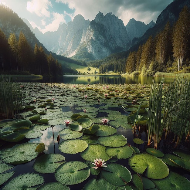 Jezioro z zielonymi liliami wodnymi przed górą