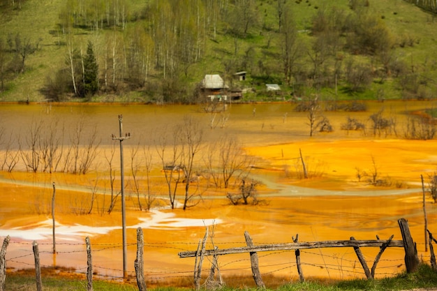 Jezioro zanieczyszczone toksycznymi odpadami w zachodnich górach Rumunii Zanieczyszczenie przyrody