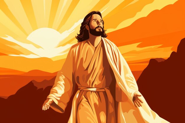 Zdjęcie jezus chodzi na pustyni z słońcem na tle.