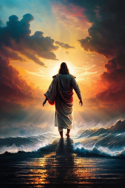 Jezus chodzi po wodzie Jezus chodzi po morzu Piękny zachód słońca Generacyjna AI