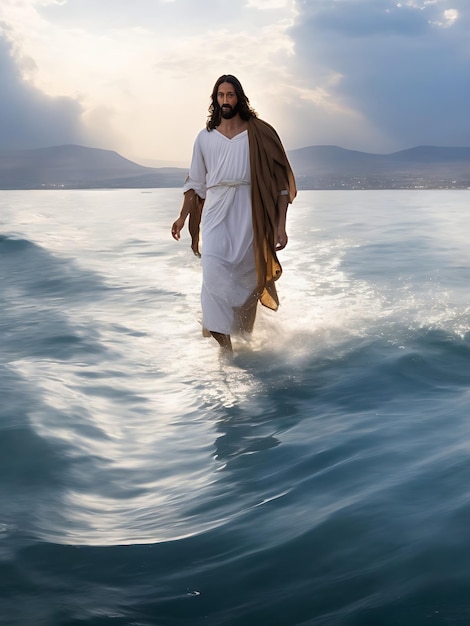 Jezus Chrystus chodzący po wodzie nad jeziorem Galilejskim generatywnym ai
