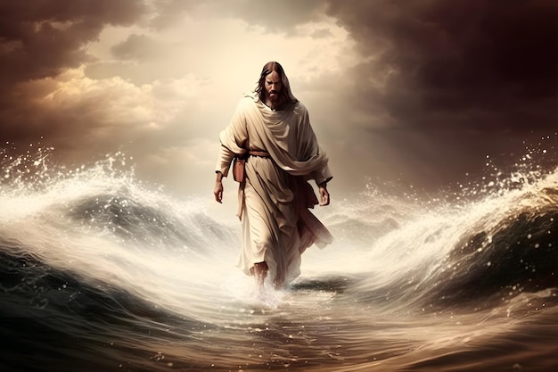Jezus Chrystus chodzący po wodzie o zachodzie słońca