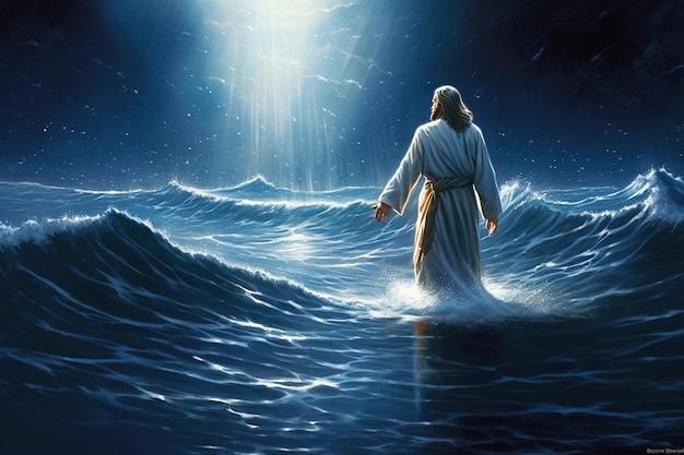 Jezus Chrystus chodzi po wodzie wzburzonego morza Generacja AI