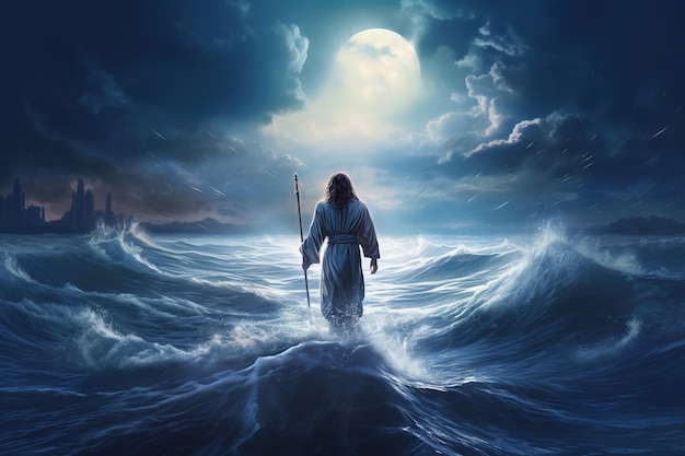 Jezus Chrystus chodzi po wodzie wzburzonego morza Generacja AI