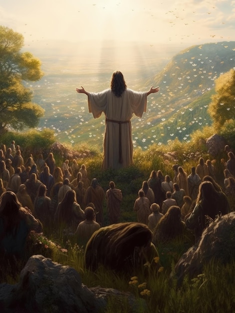 Jezus Chrystus czyta kazanie przed tłumem wierzących