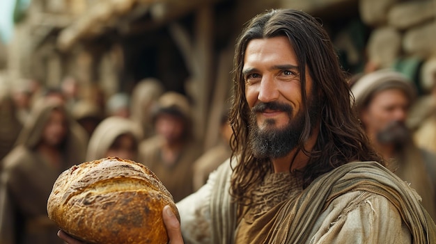 Zdjęcie jezus chrystus daje chleb biednym ludziom życzliwość i bezinteresowność centralna postać w chrześcijaństwie wiara ręce jedzenie jeść modlić się bóg katolicyzm miłość biblijna człowiek dobro duchowe