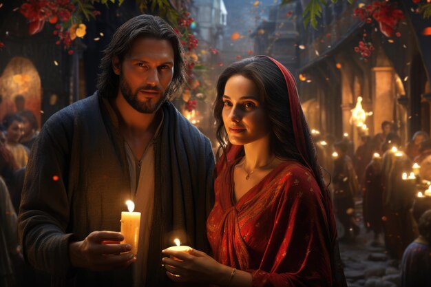 Jezus Chrystus i dziewczynka Maria w podróży do Betlejem kochają romans i tradycyjne wartości rodzinne