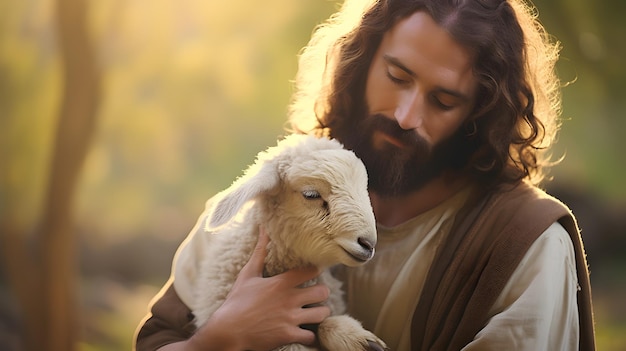Jezus Chrystus odzyskał zagubioną owcę, niosąc ją w ramionach. Motyw koncepcyjny historii biblijnej