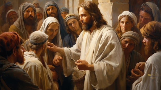 Jezus Chrystus rozmawia z ludźmi malowidło olejne
