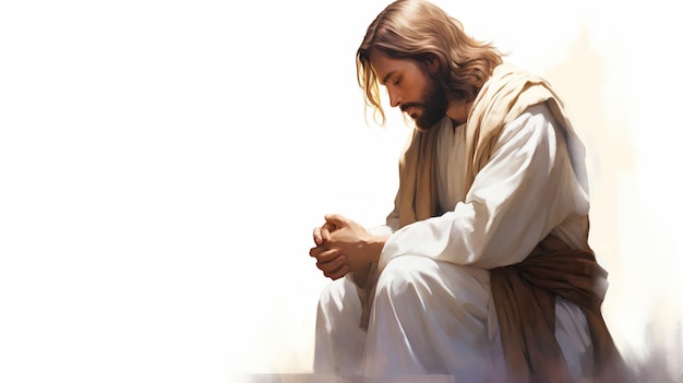 Jezus Chrystus siedzi i modli się.
