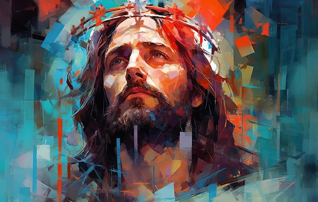 jezus chrystus z koroną na głowie w stylu hiperrealistycznej fuzji popart