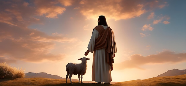 Jezus i owca na szczycie wzgórza podczas zachodu słońca