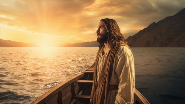 Jezus idzie w kierunku kajaka na jeziorze