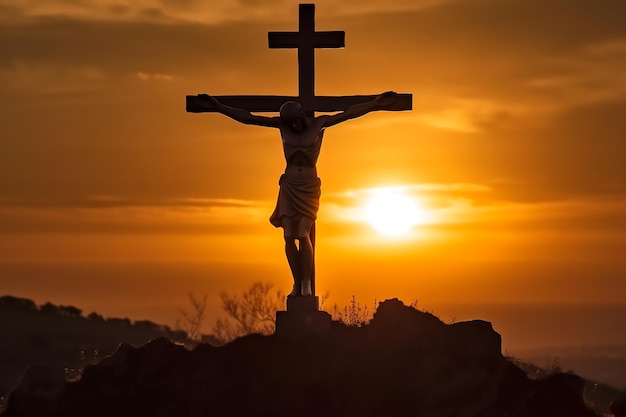 Jezus na krzyżu, za nim słońce