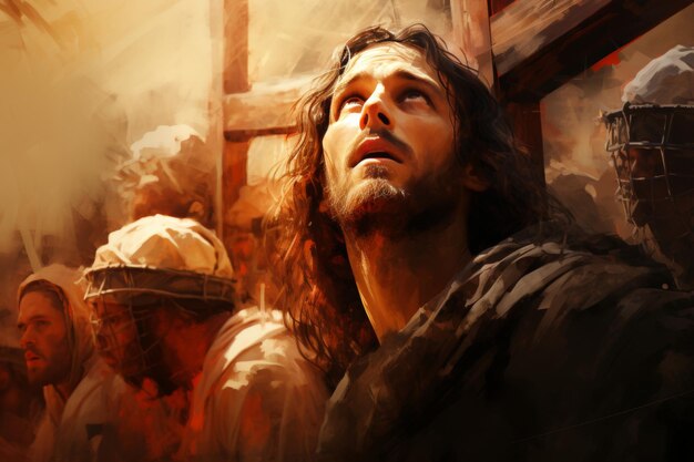 Zdjęcie jezus niosący krzyż cyfrowy akwarelowy obraz sceny religijnej