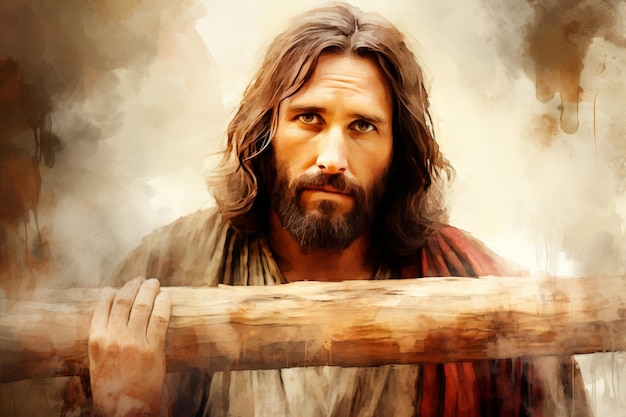 Zdjęcie jezus niosący krzyż evocacyjna cyfrowa ilustracja akwarelowa świętej chwili