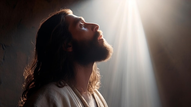 Jezus otwiera niebo, otrzymując błogosławieństwa od boga Generative AI